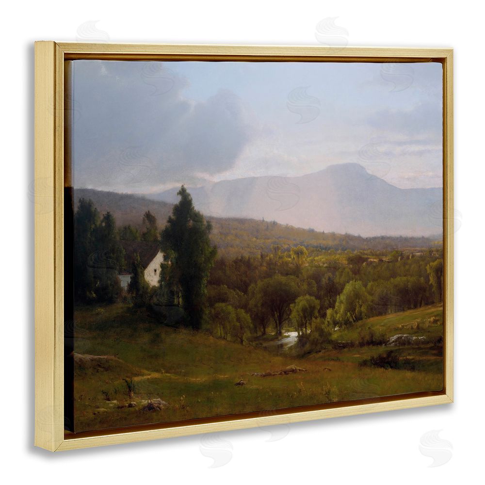 Lettered and Lined Cabins in Peaceful Vista Gold Floating Frame Canvas Wall Art Print