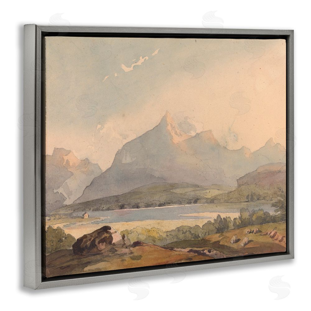 Lettered and Lined Peaceful Hazy Mountains Gray Floating Frame Canvas Wall Art Print