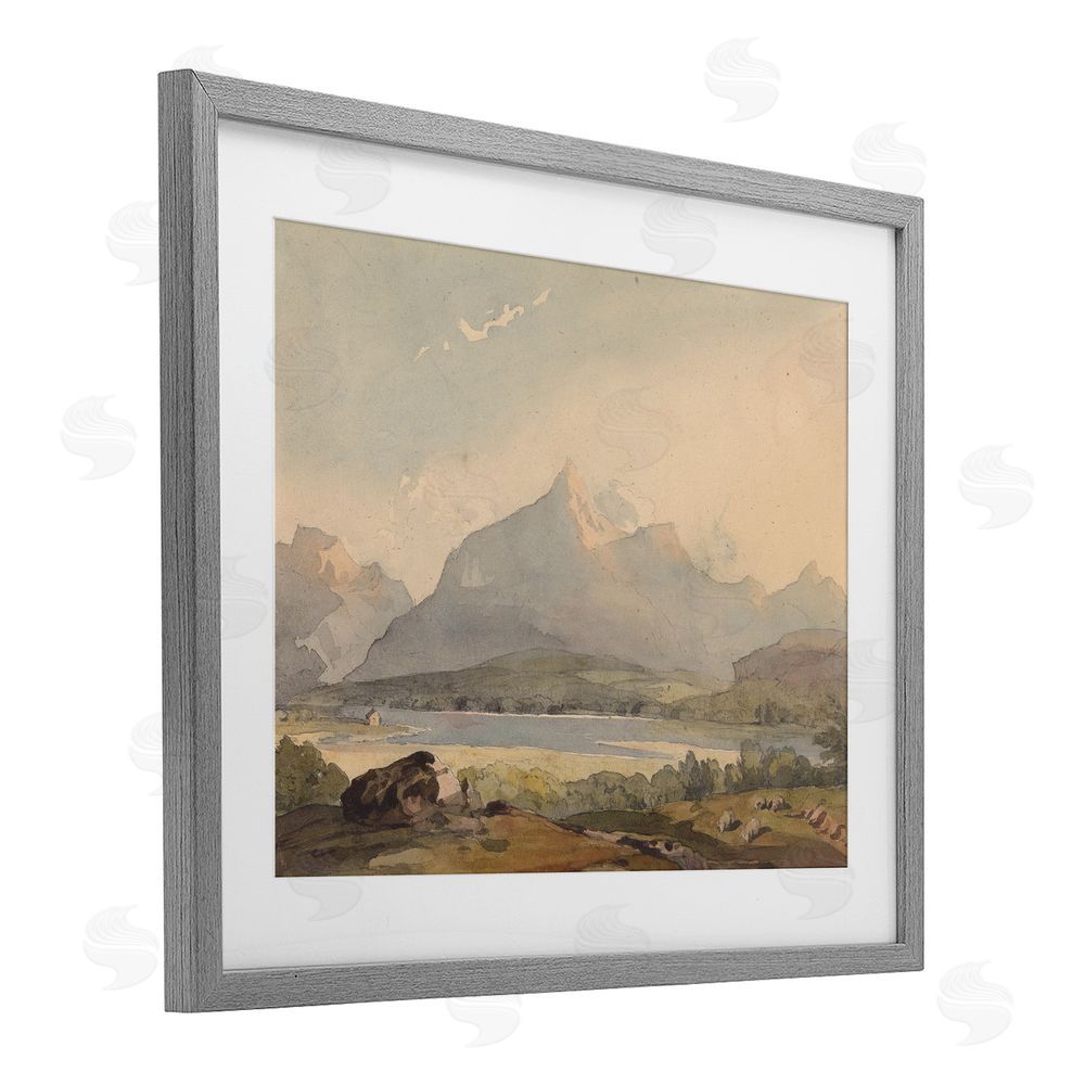 Lettered and Lined Peaceful Hazy Mountains Gray Framed Print Under Glass Wall Art