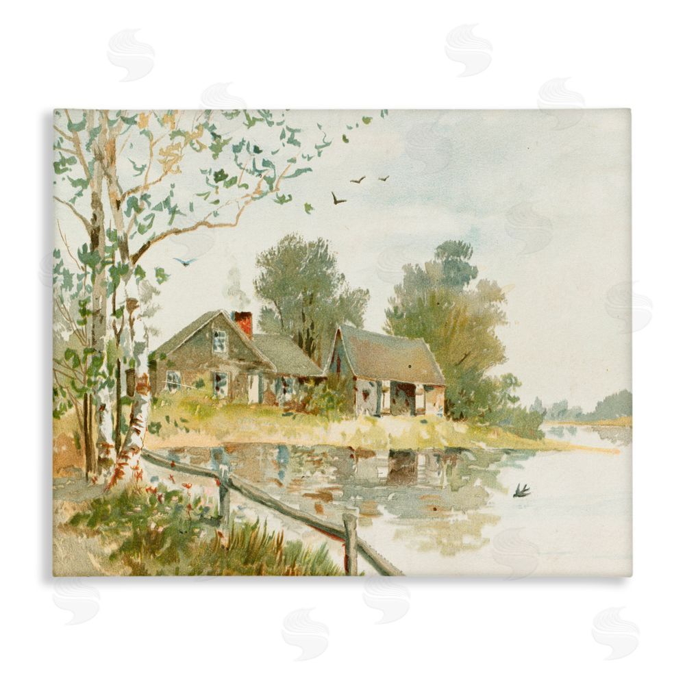 Lettered and Lined Cabin Along River's Edge Stretched Canvas Wall Art Print