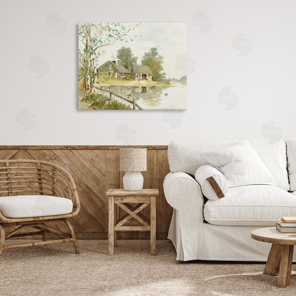 Lettered and Lined Cabin Along River's Edge Stretched Canvas Wall Art Print in Room