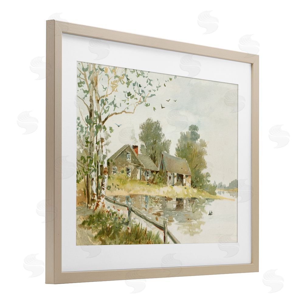 Lettered and Lined Cabin Along River's Edge Brown Framed Print Under Glass Wall Art