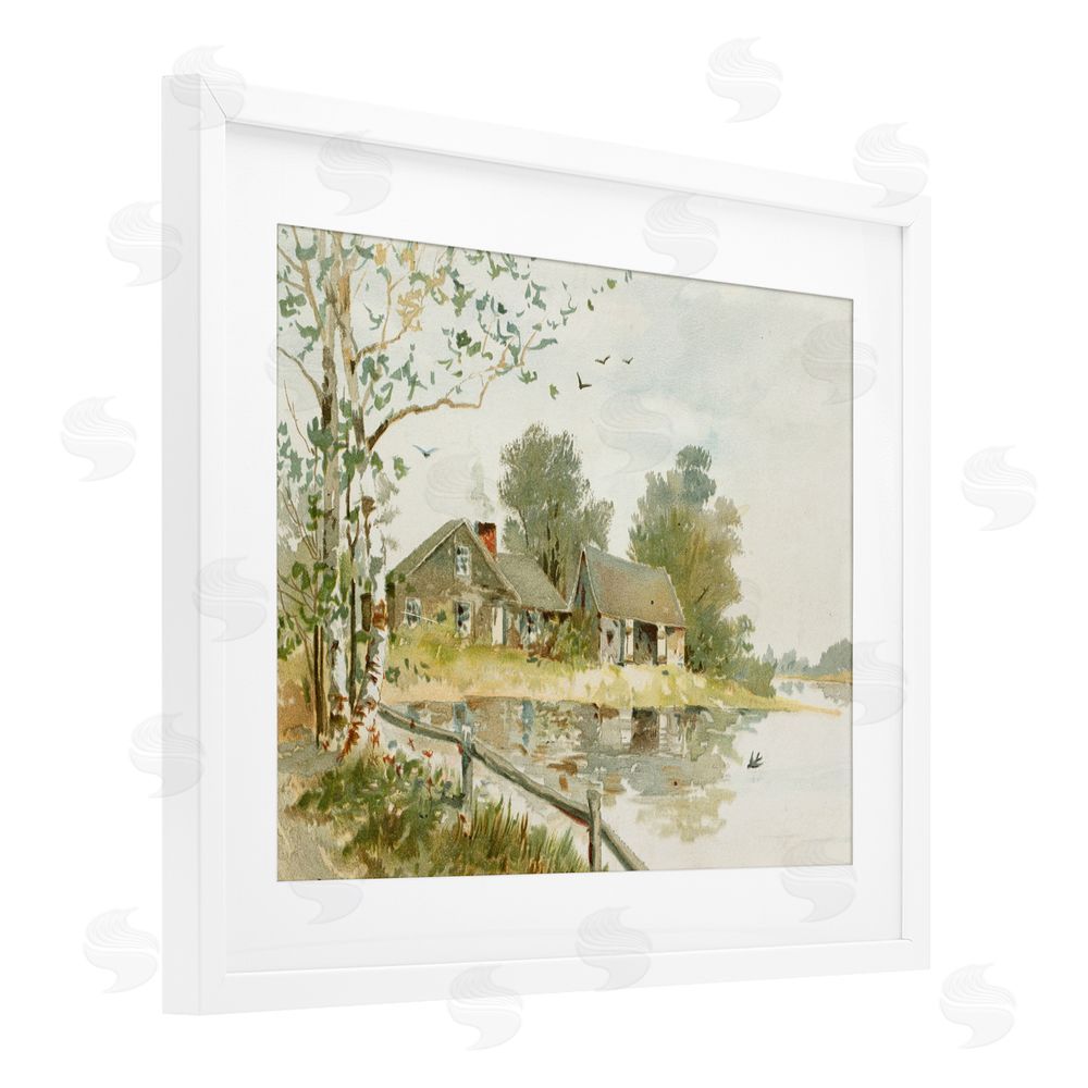 Lettered and Lined Cabin Along River's Edge White Framed Print Under Glass Wall Art