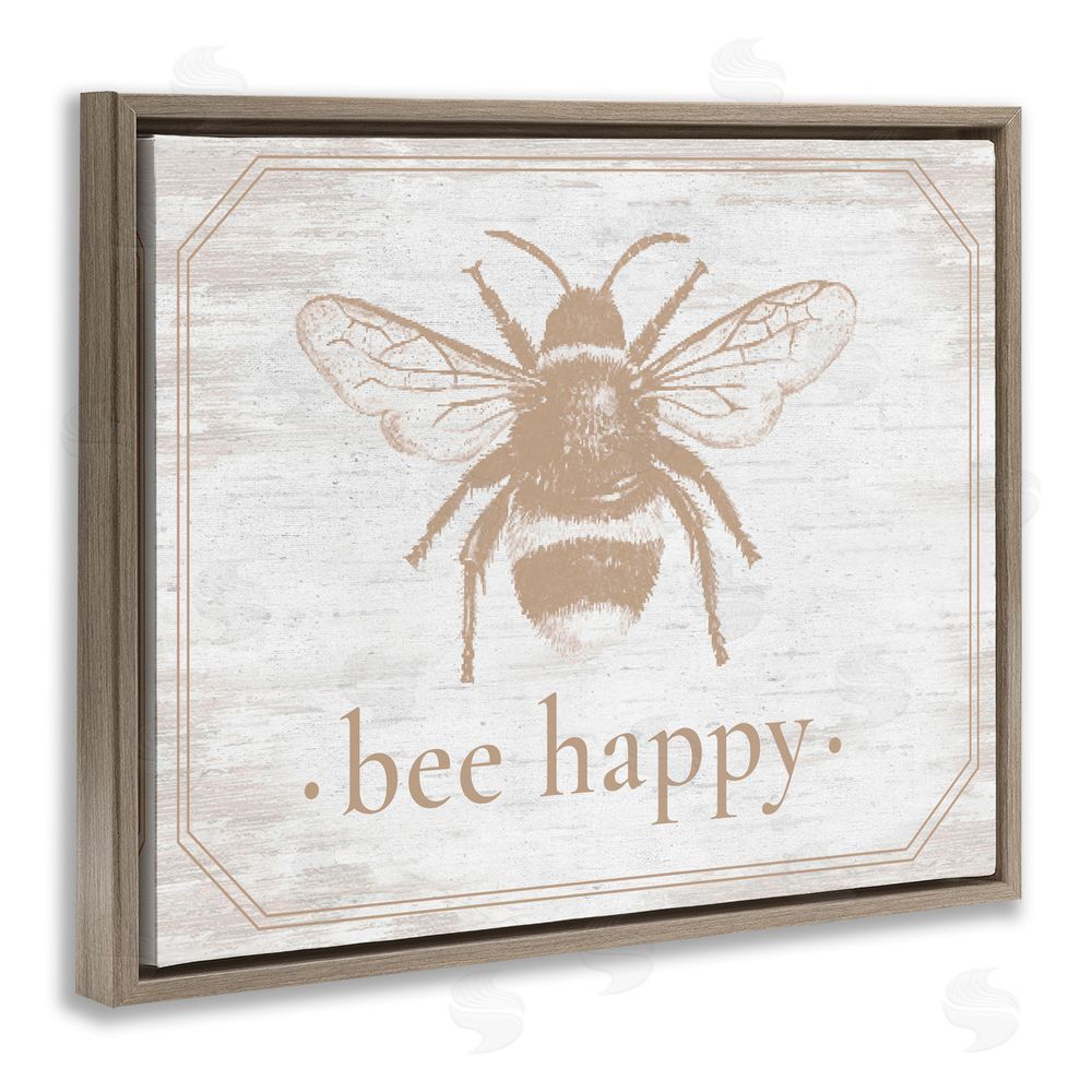 Lettered and Lined Bee Happy with Rustic Border Brown Floating Frame Canvas Wall Art Print