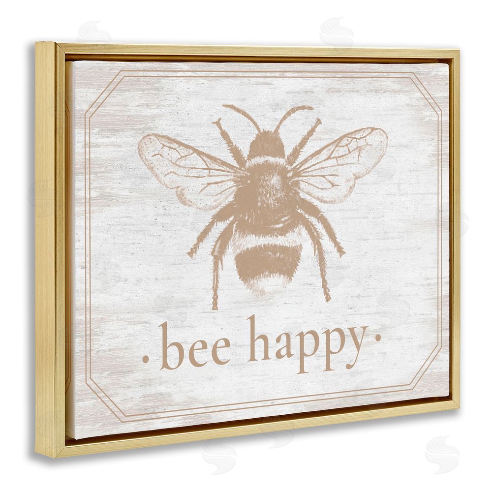 Lettered and Lined Bee Happy with Rustic Border Gold Floating Frame Canvas Wall Art Print
