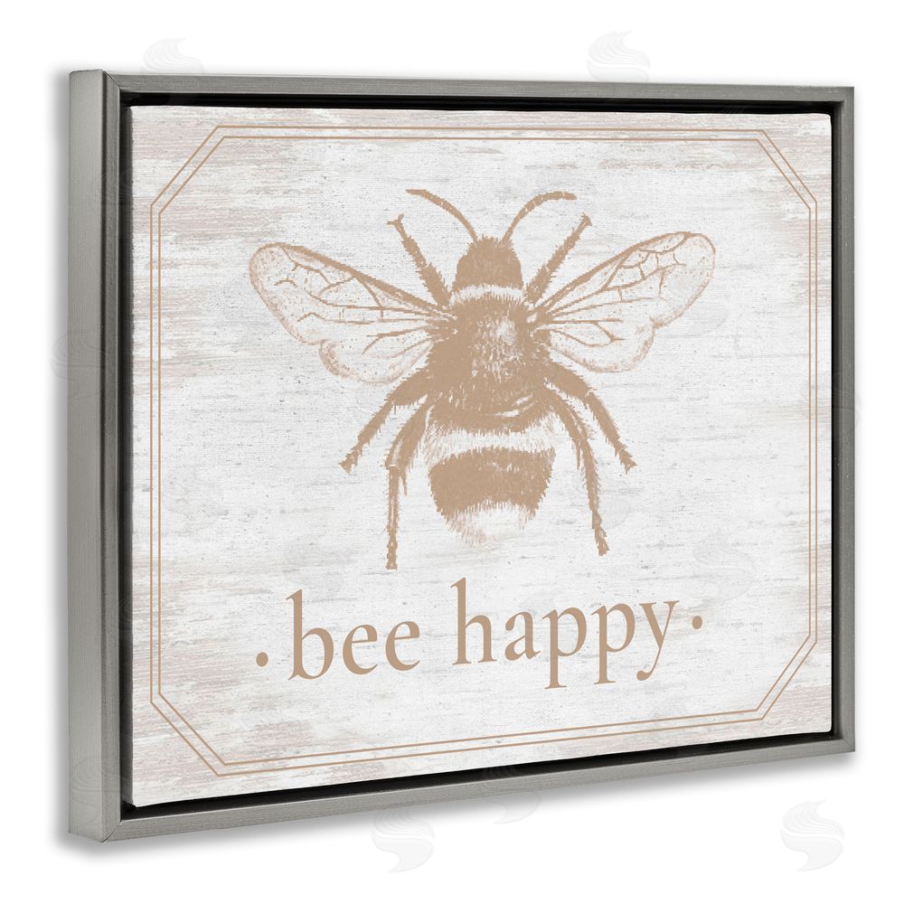 Lettered and Lined Bee Happy with Rustic Border Gray Floating Frame Canvas Wall Art Print
