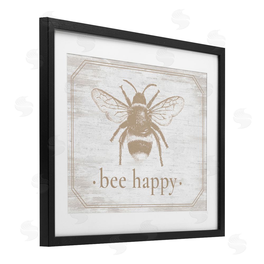 Lettered and Lined Bee Happy with Rustic Border Black Framed Print Under Glass Wall Art