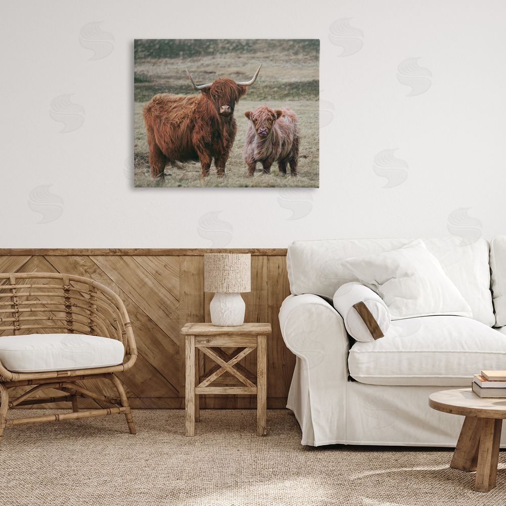 Lettered and Lined Mom & Baby Cow Stretched Canvas Wall Art Print in Room