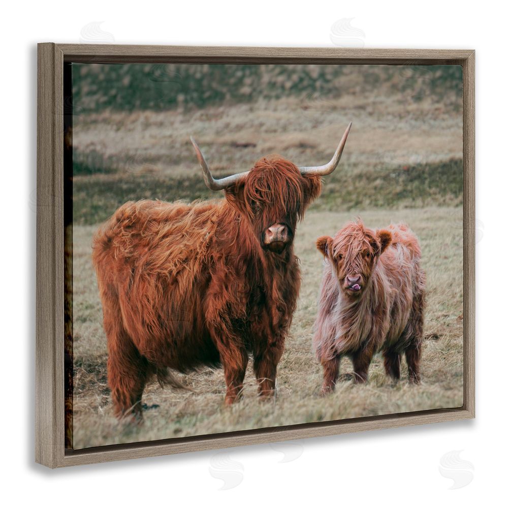 Lettered and Lined Mom & Baby Cow Brown Floating Frame Canvas Wall Art Print