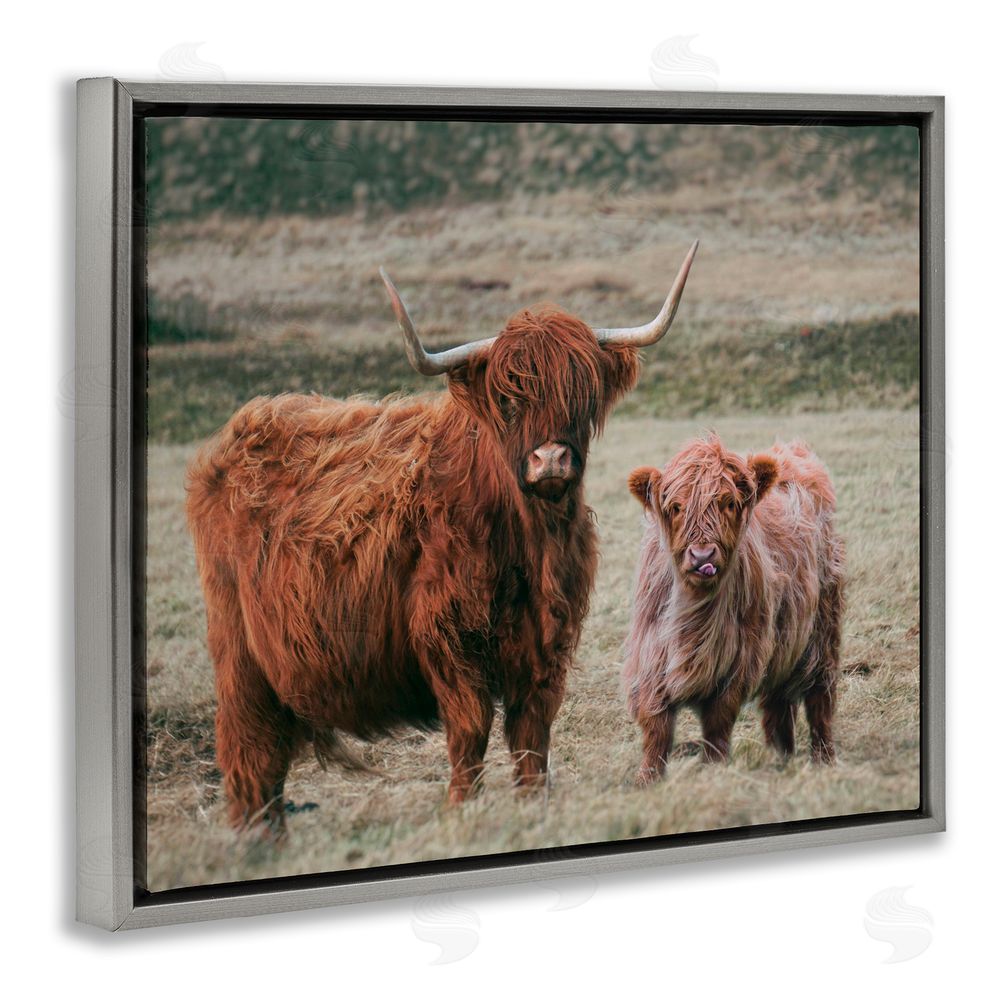 Lettered and Lined Mom & Baby Cow Gray Floating Frame Canvas Wall Art Print