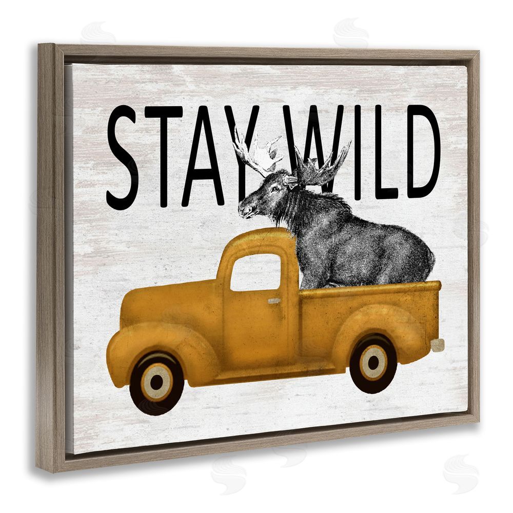 Lettered and Lined Stay Wild Moose Truck Brown Floating Frame Canvas Wall Art Print