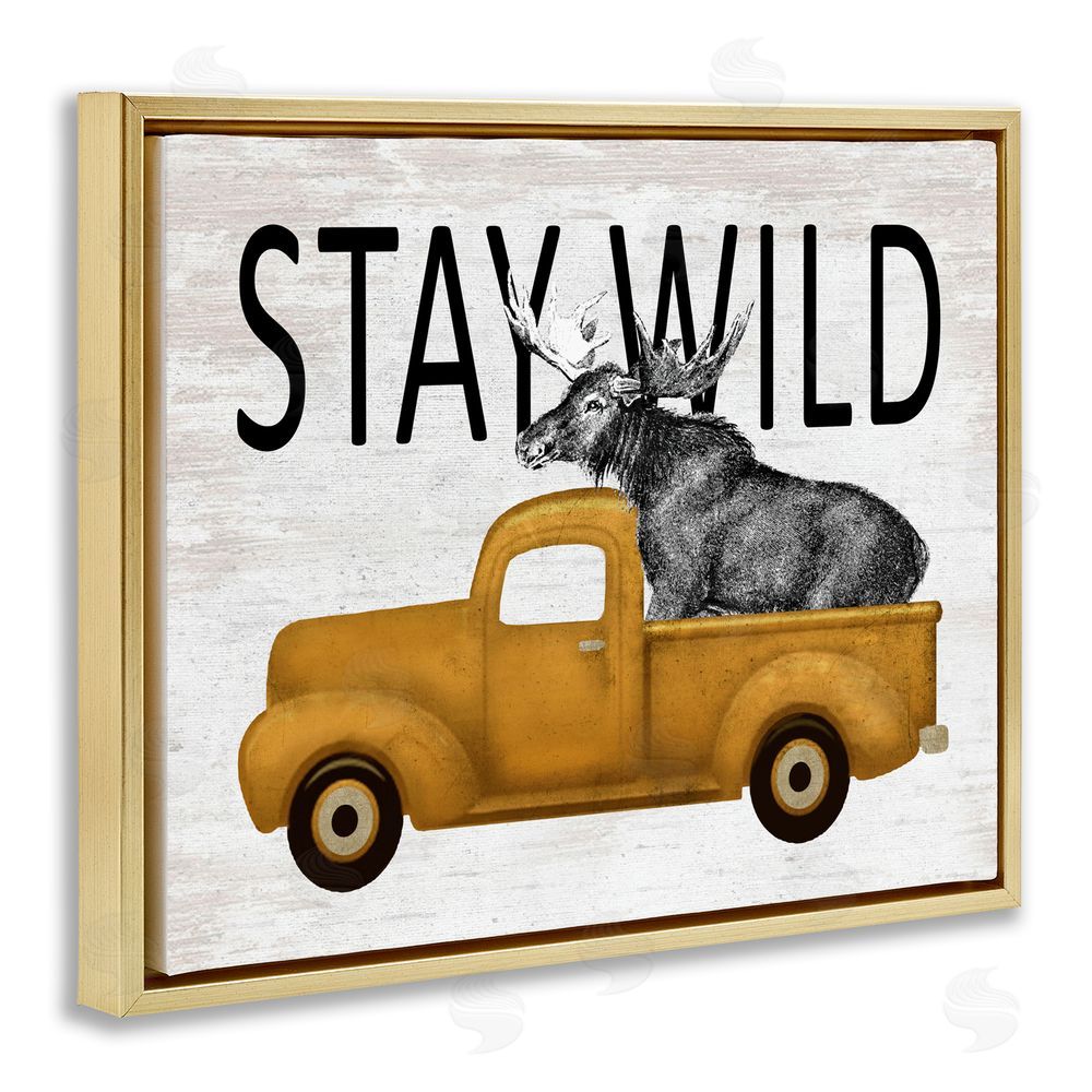 Lettered and Lined Stay Wild Moose Truck Gold Floating Frame Canvas Wall Art Print
