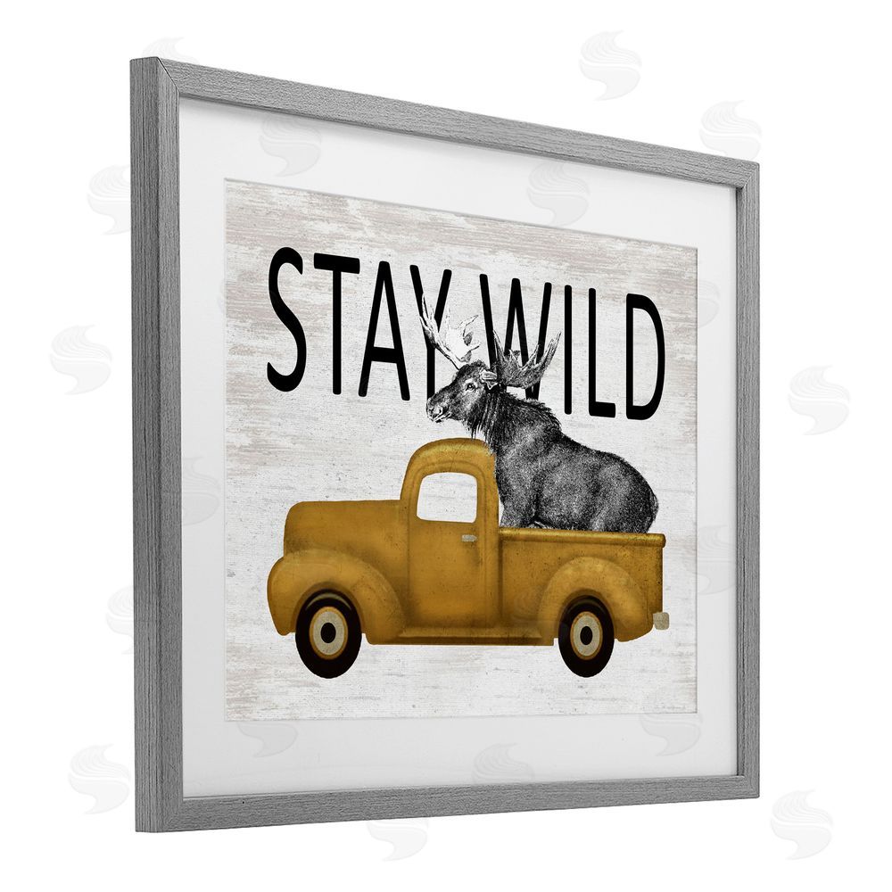 Lettered and Lined Stay Wild Moose Truck Gray Framed Print Under Glass Wall Art