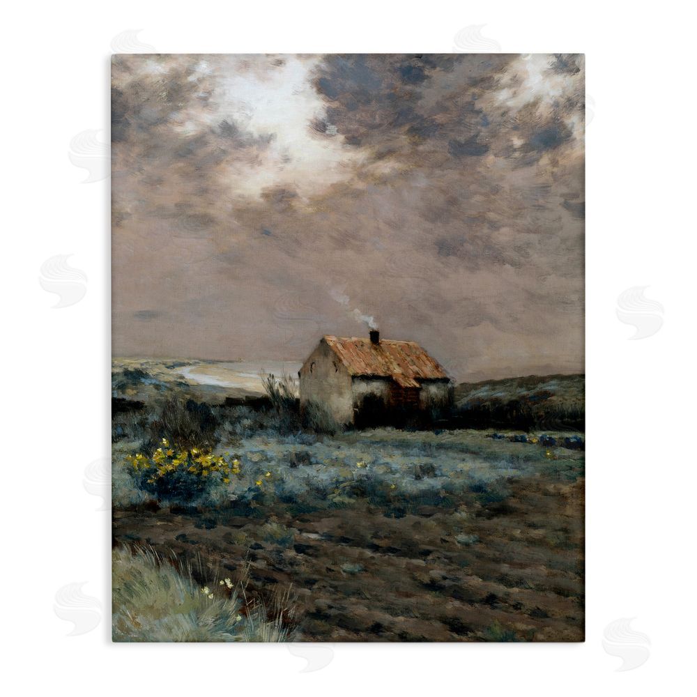 Lettered and Lined Cabin in Overcast Field Stretched Canvas Wall Art Print