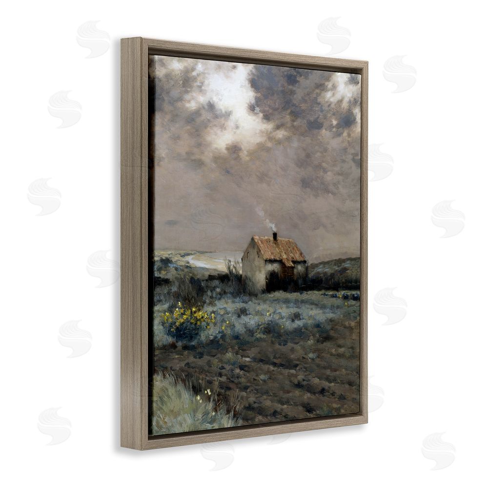 Lettered and Lined Cabin in Overcast Field Brown Floating Frame Canvas Wall Art Print