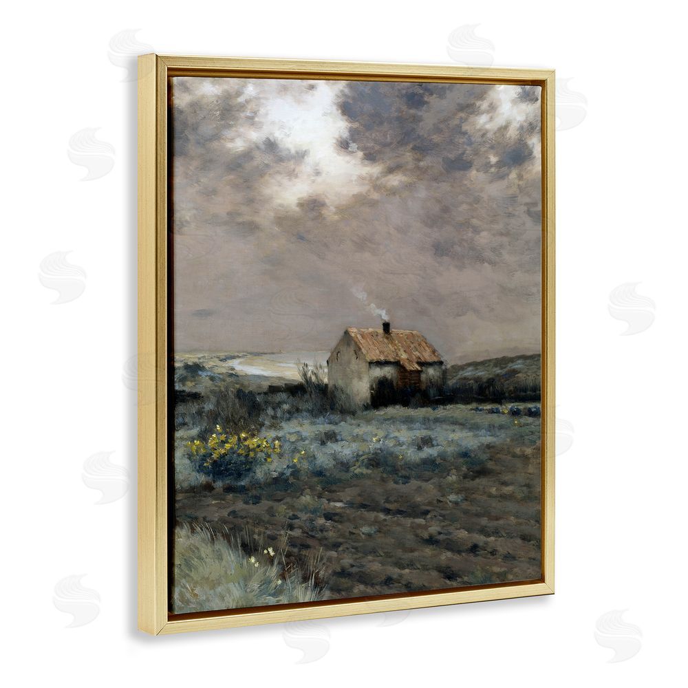 Lettered and Lined Cabin in Overcast Field Gold Floating Frame Canvas Wall Art Print