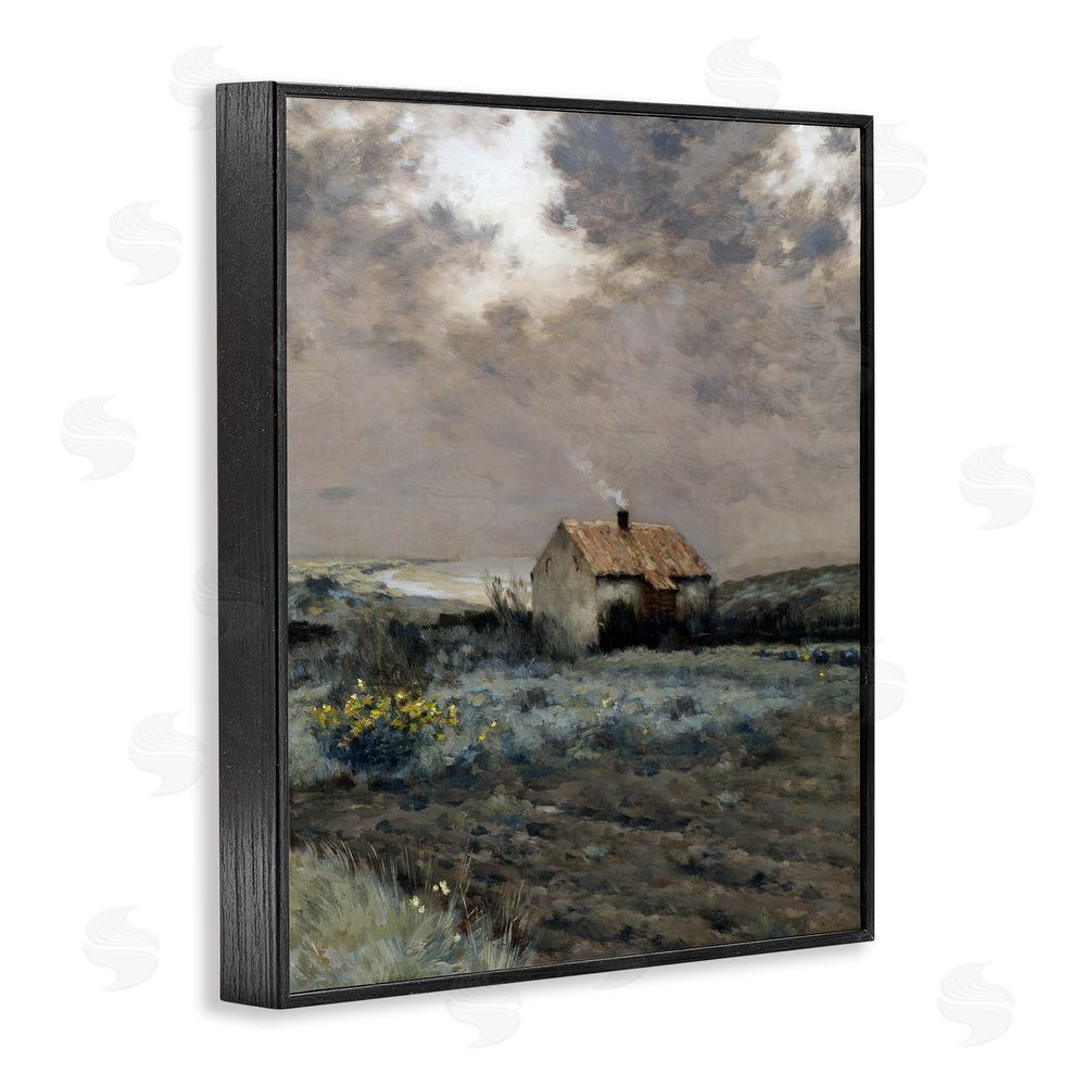 Lettered and Lined Cabin in Overcast Field Black Framed Giclee Print Wall Art