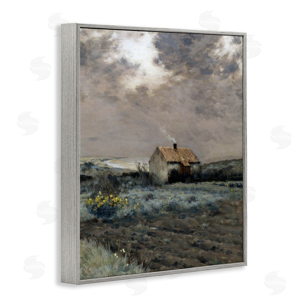 Lettered and Lined Cabin in Overcast Field Gray Framed Giclee Print Wall Art