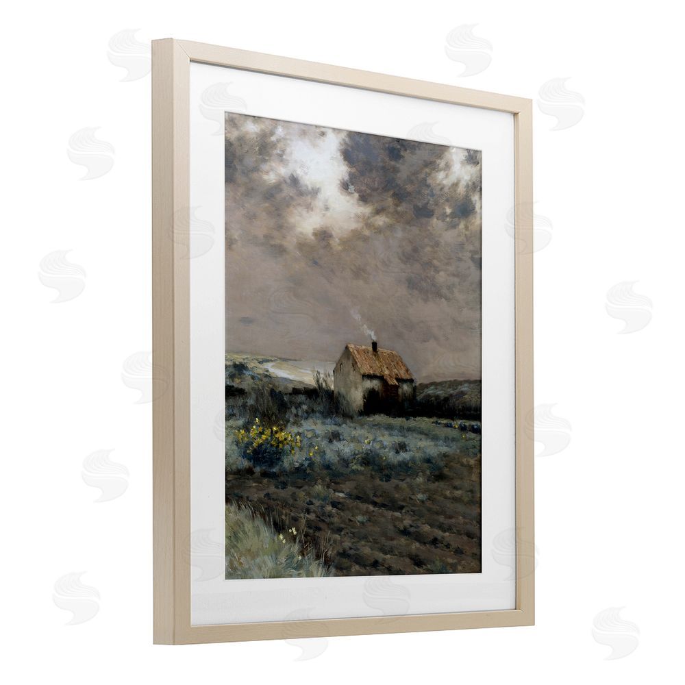 Lettered and Lined Cabin in Overcast Field Brown Framed Print Under Glass Wall Art