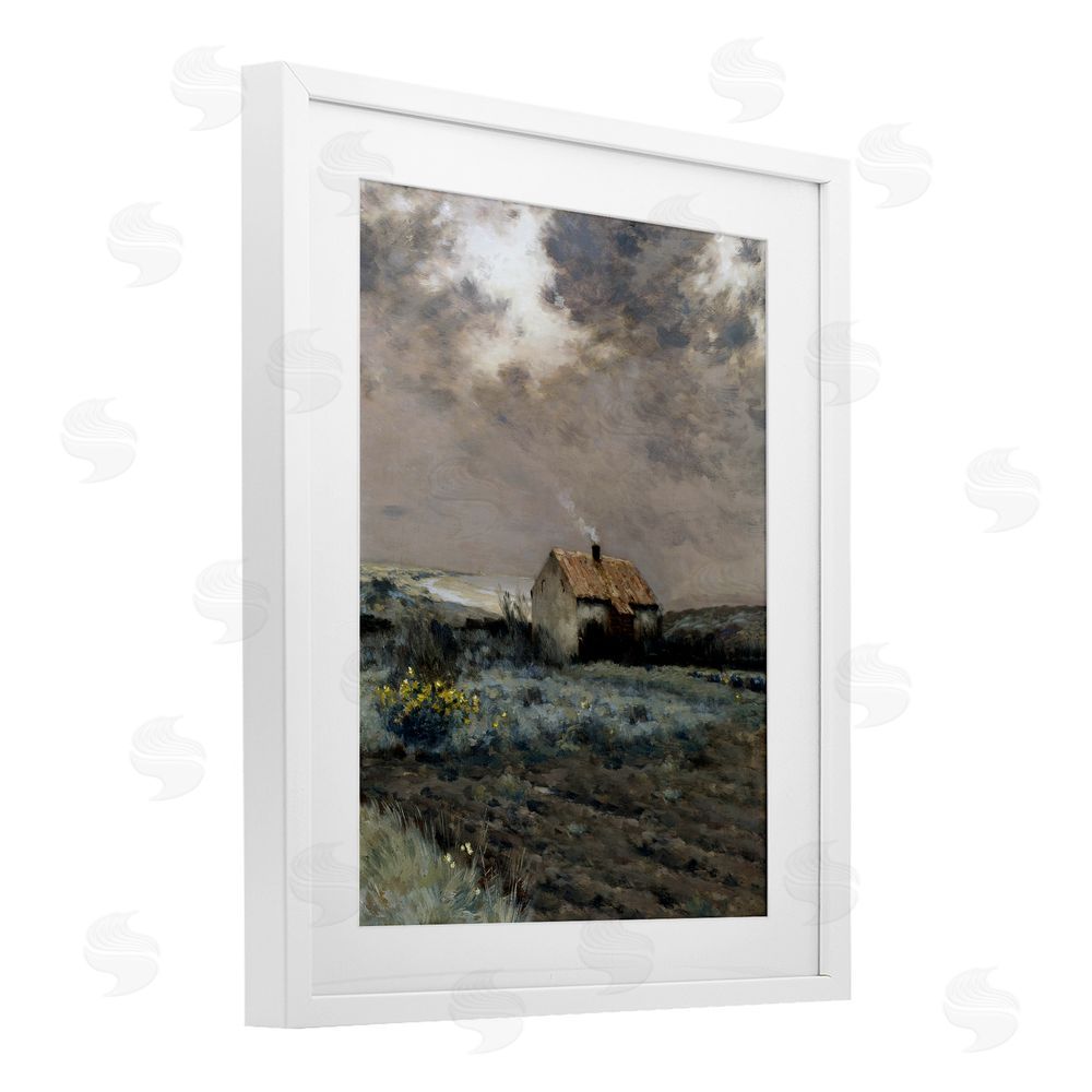 Lettered and Lined Cabin in Overcast Field White Framed Print Under Glass Wall Art