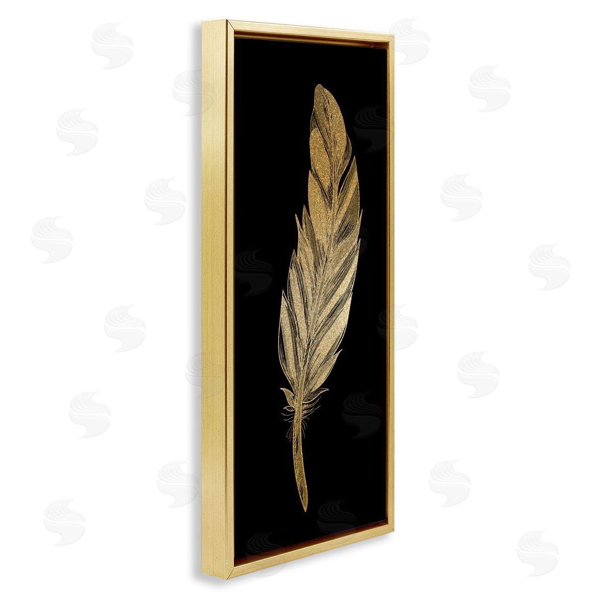 Kim Allen Glam Feather Black & Gold Gold Floating Frame Canvas Wall Art Print