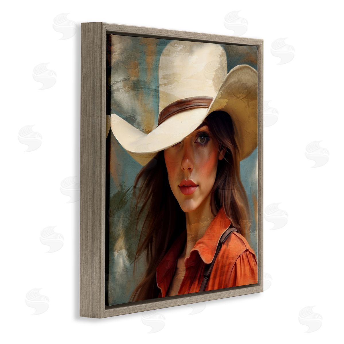 Kim Allen Cowgirl Gaze Beneath Hat Brown Floating Frame Canvas Wall Art Print