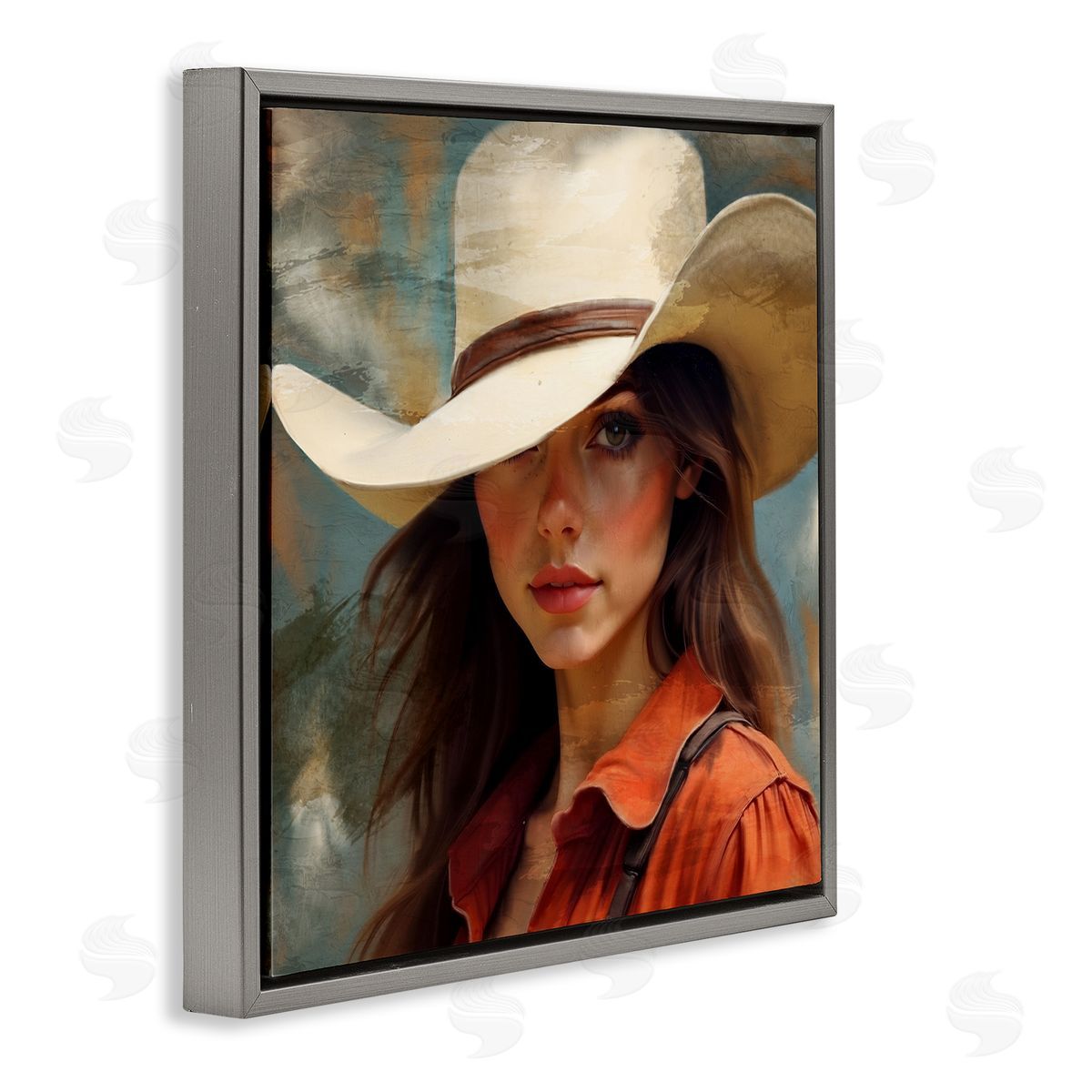 Kim Allen Cowgirl Gaze Beneath Hat Gray Floating Frame Canvas Wall Art Print