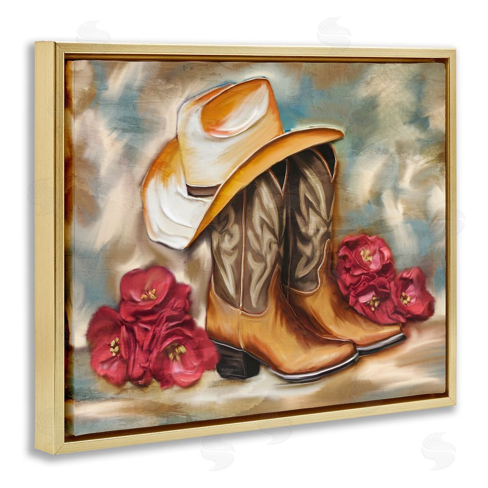 Kim Allen Boots & Floral Bunches Gold Floating Frame Canvas Wall Art Print