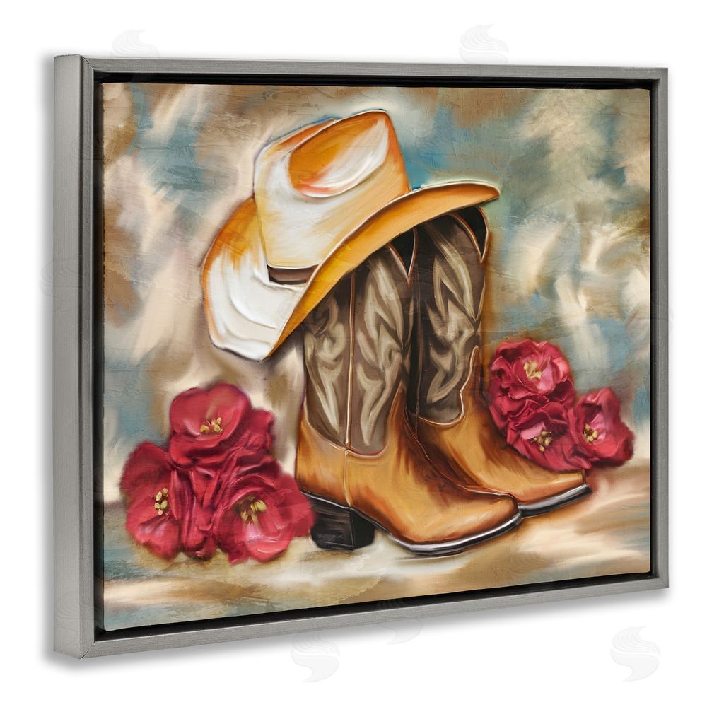 Kim Allen Boots & Floral Bunches Gray Floating Frame Canvas Wall Art Print