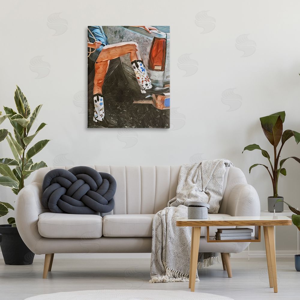 Jesse Keith Round Up Cowgirl Boots Stretched Canvas Wall Art Print in Room