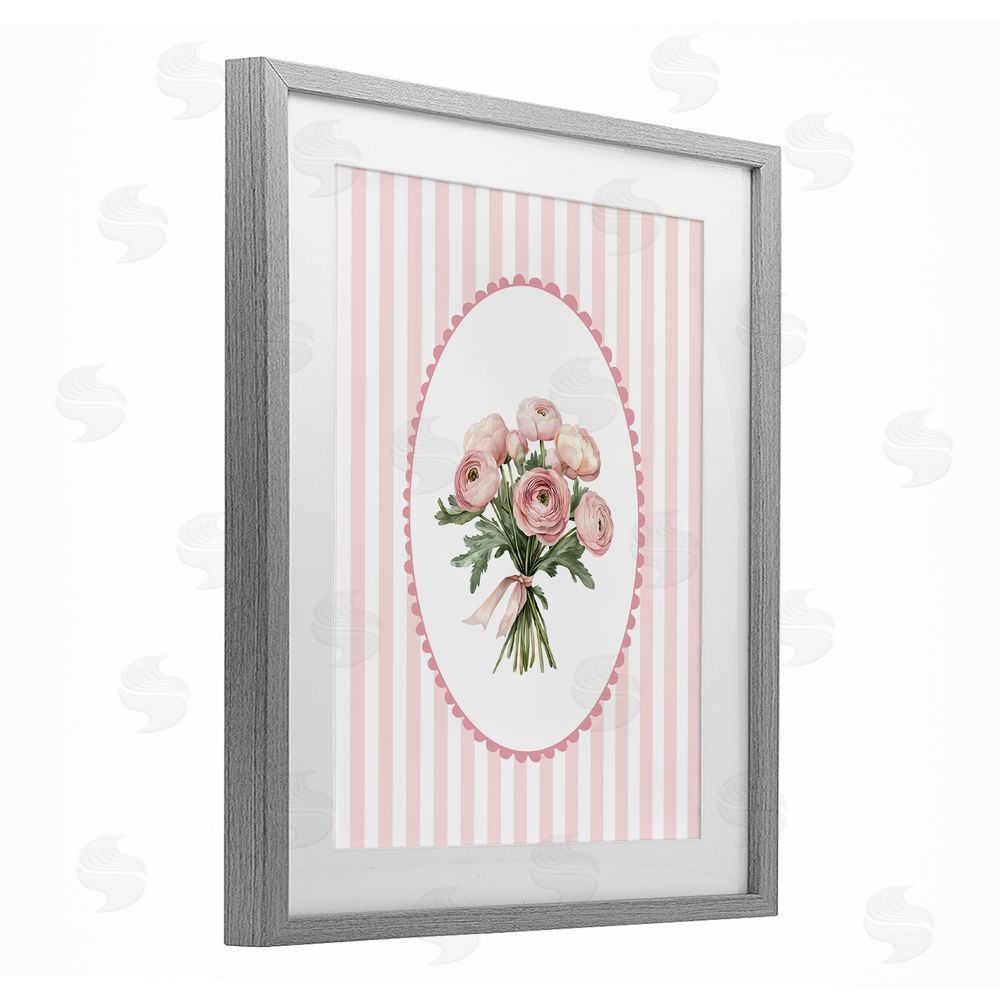Christine Simpson Art Peony Bouquet on Gentle Stripes Gray Framed Print Under Glass Wall Art