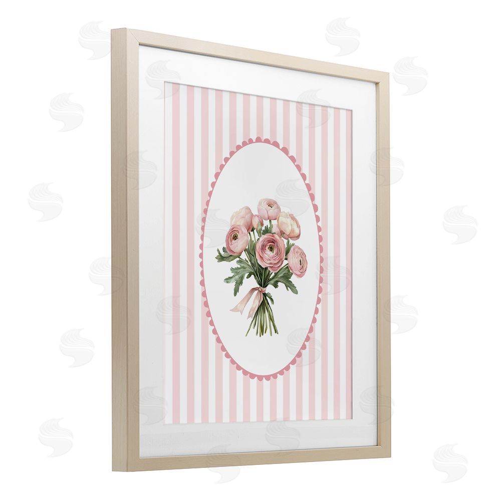 Christine Simpson Art Peony Bouquet on Gentle Stripes Brown Framed Print Under Glass Wall Art