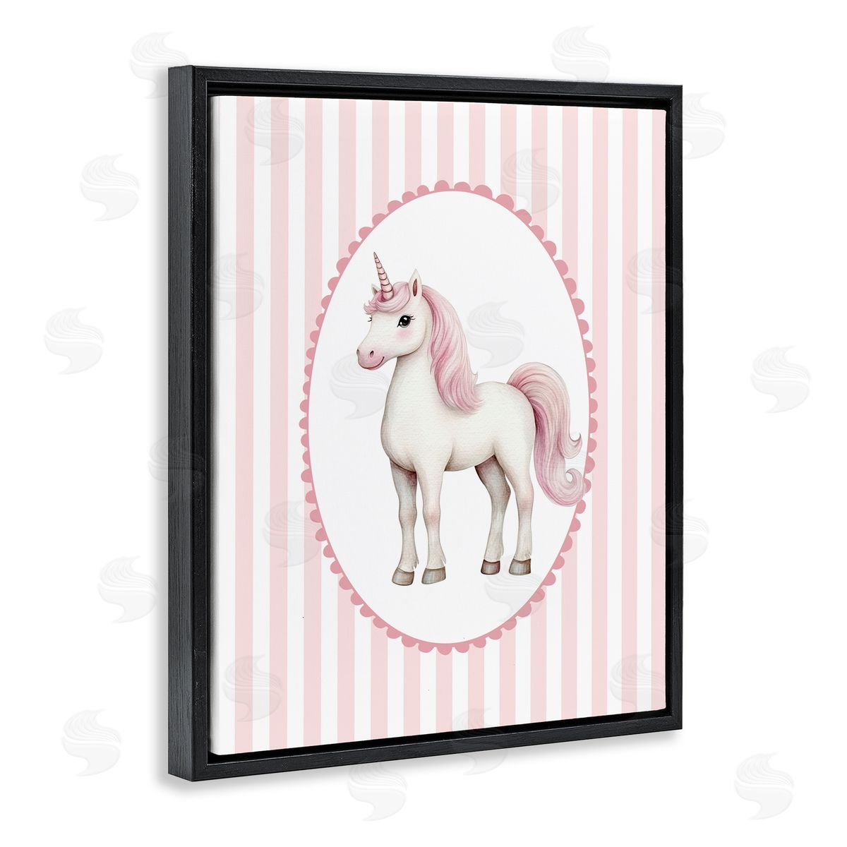 Christine Simpson Art Gentle Unicorn on Pink Stripes Black Floating Frame Canvas Wall Art Print