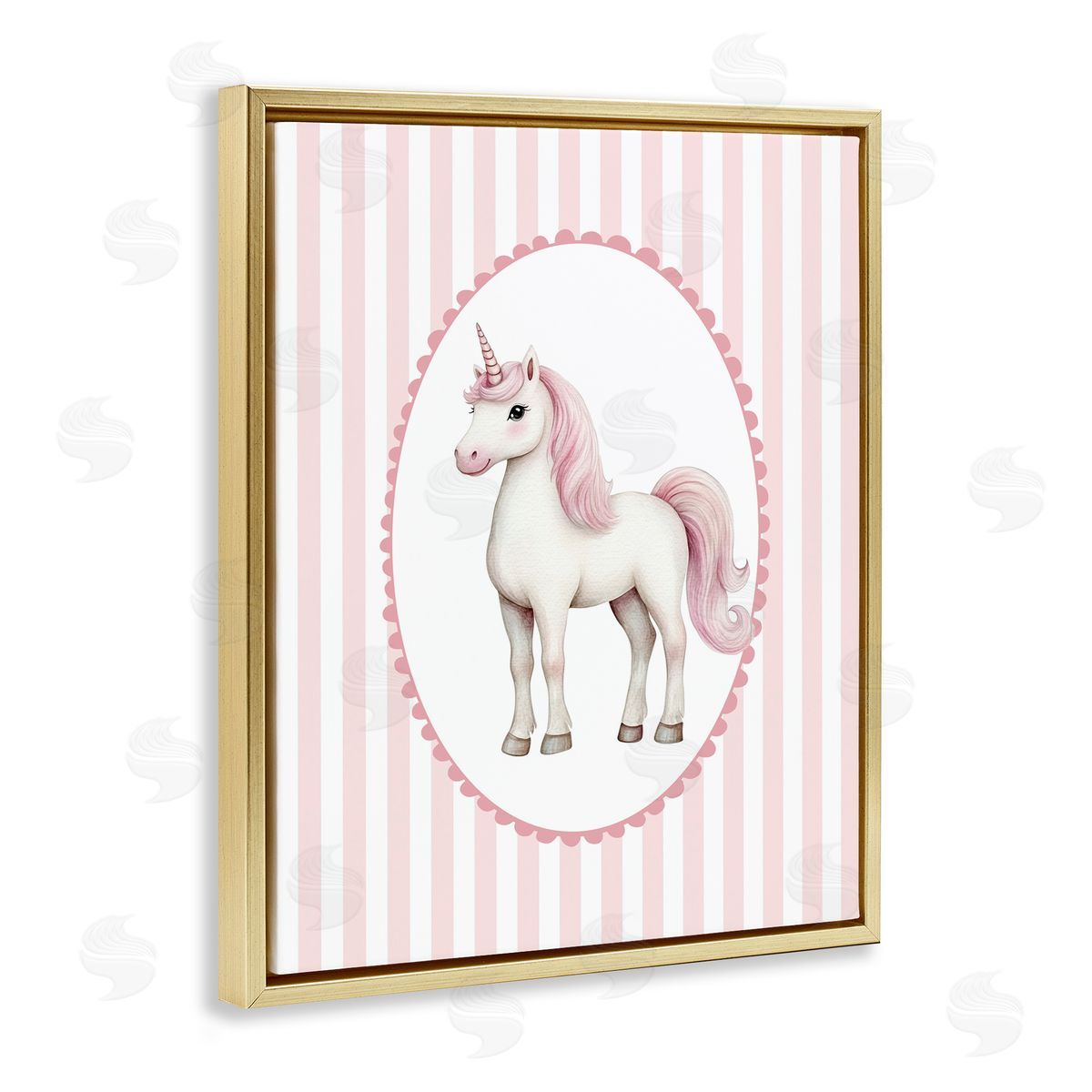 Christine Simpson Art Gentle Unicorn on Pink Stripes Gold Floating Frame Canvas Wall Art Print