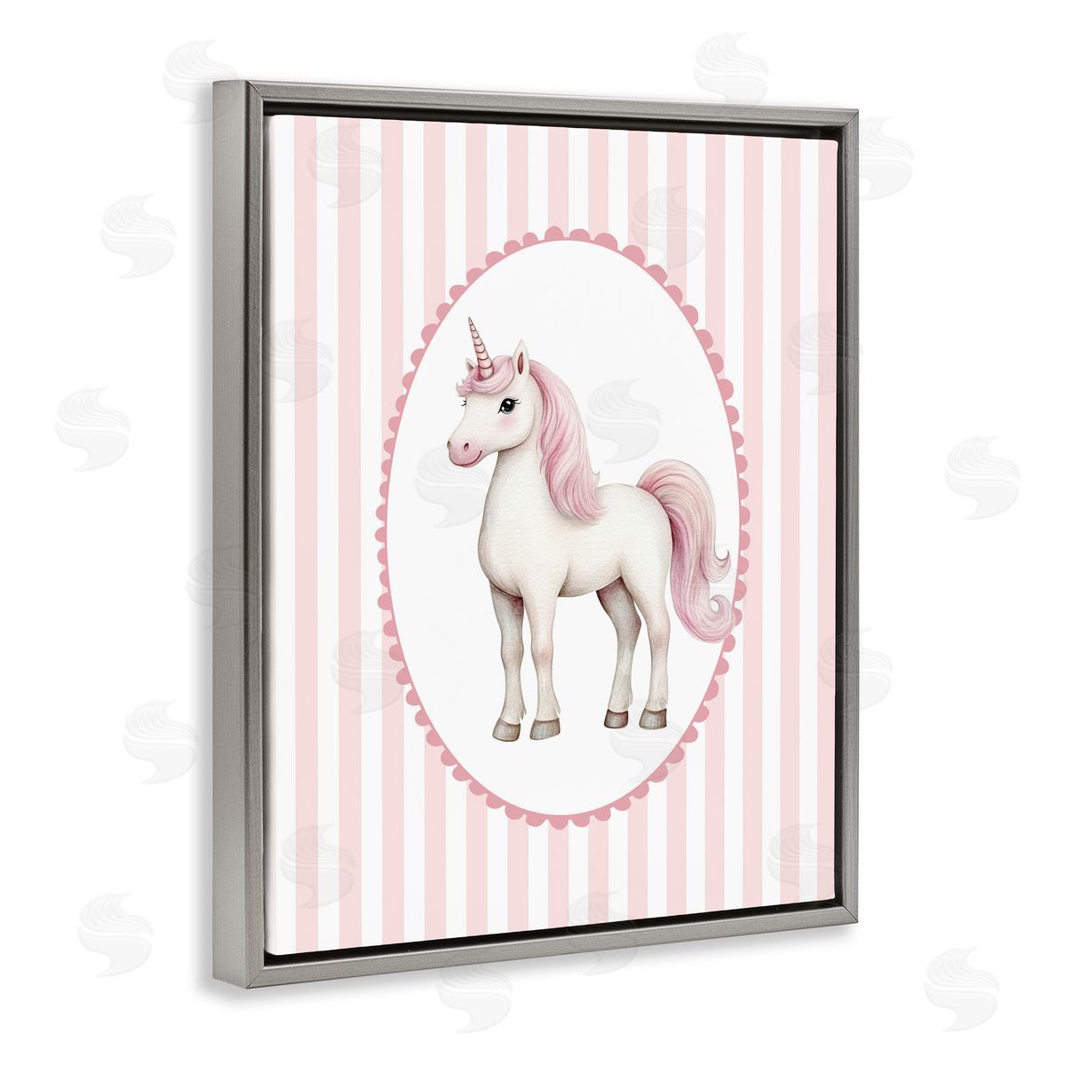 Christine Simpson Art Gentle Unicorn on Pink Stripes Gray Floating Frame Canvas Wall Art Print