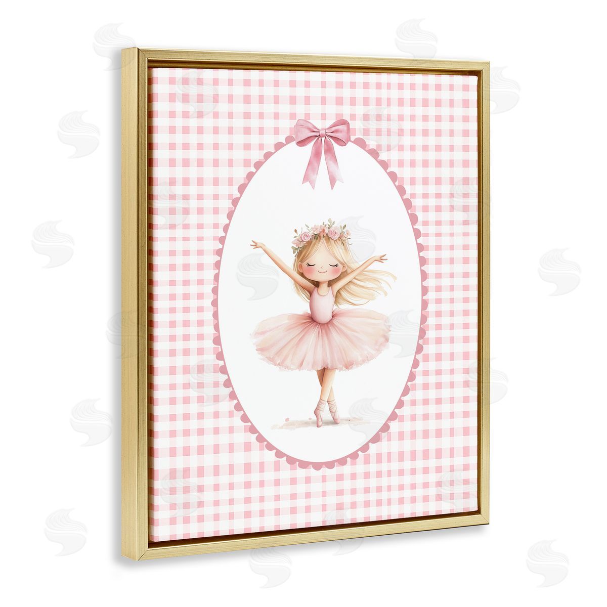 Christine Simpson Art Ballerina on Pink Checkered Gold Floating Frame Canvas Wall Art Print