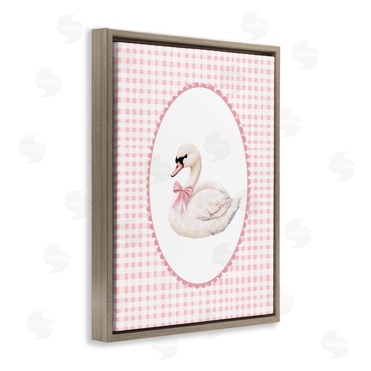 Christine Simpson Art Gentle Swan on Pink Checkered Brown Floating Frame Canvas Wall Art Print