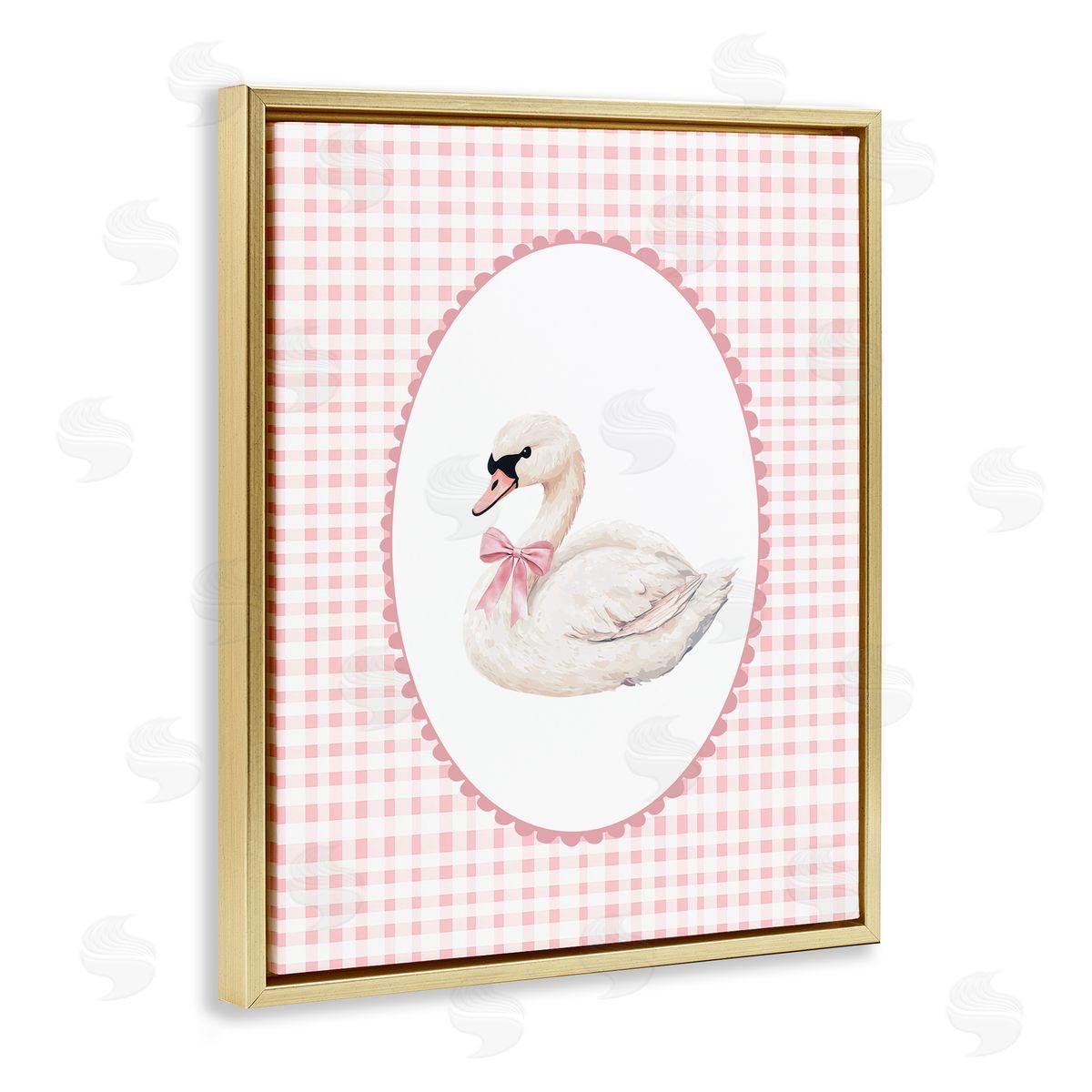 Christine Simpson Art Gentle Swan on Pink Checkered Gold Floating Frame Canvas Wall Art Print