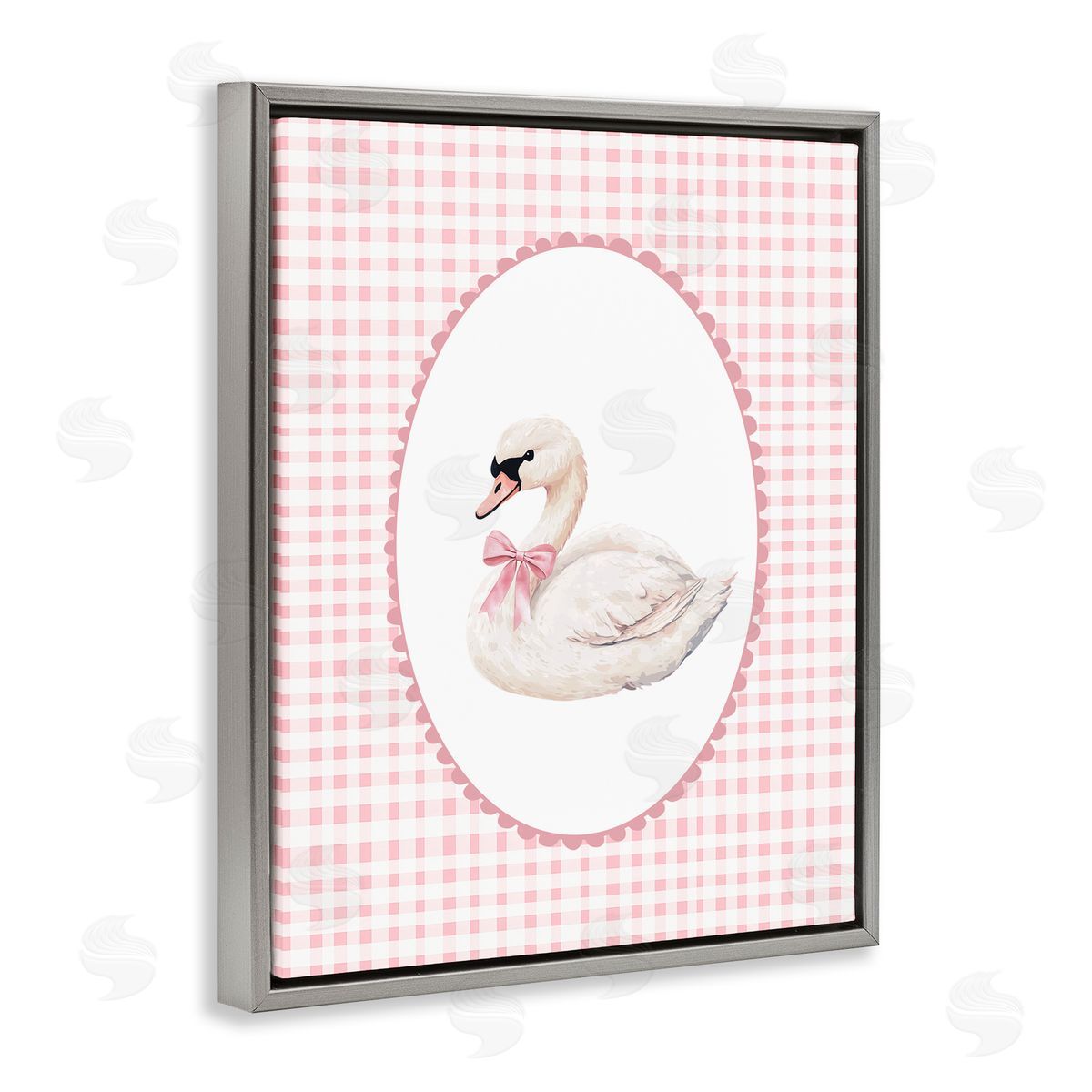 Christine Simpson Art Gentle Swan on Pink Checkered Gray Floating Frame Canvas Wall Art Print