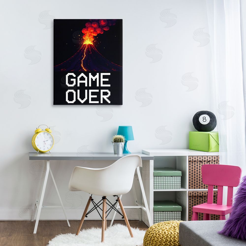 Kim Allen Pixel Volcano Game Over Stretched Canvas Wall Art Print in Room