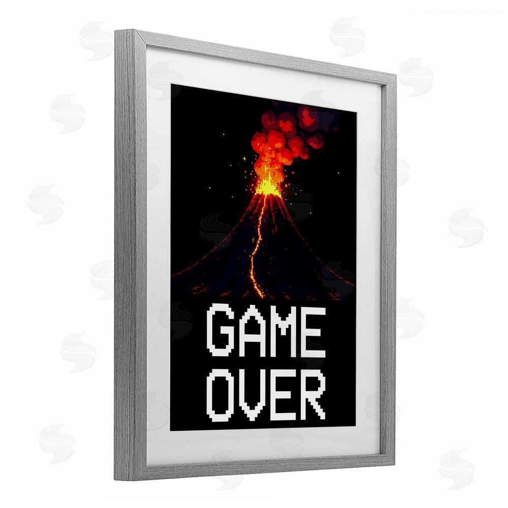 Kim Allen Pixel Volcano Game Over Gray Framed Print Under Glass Wall Art