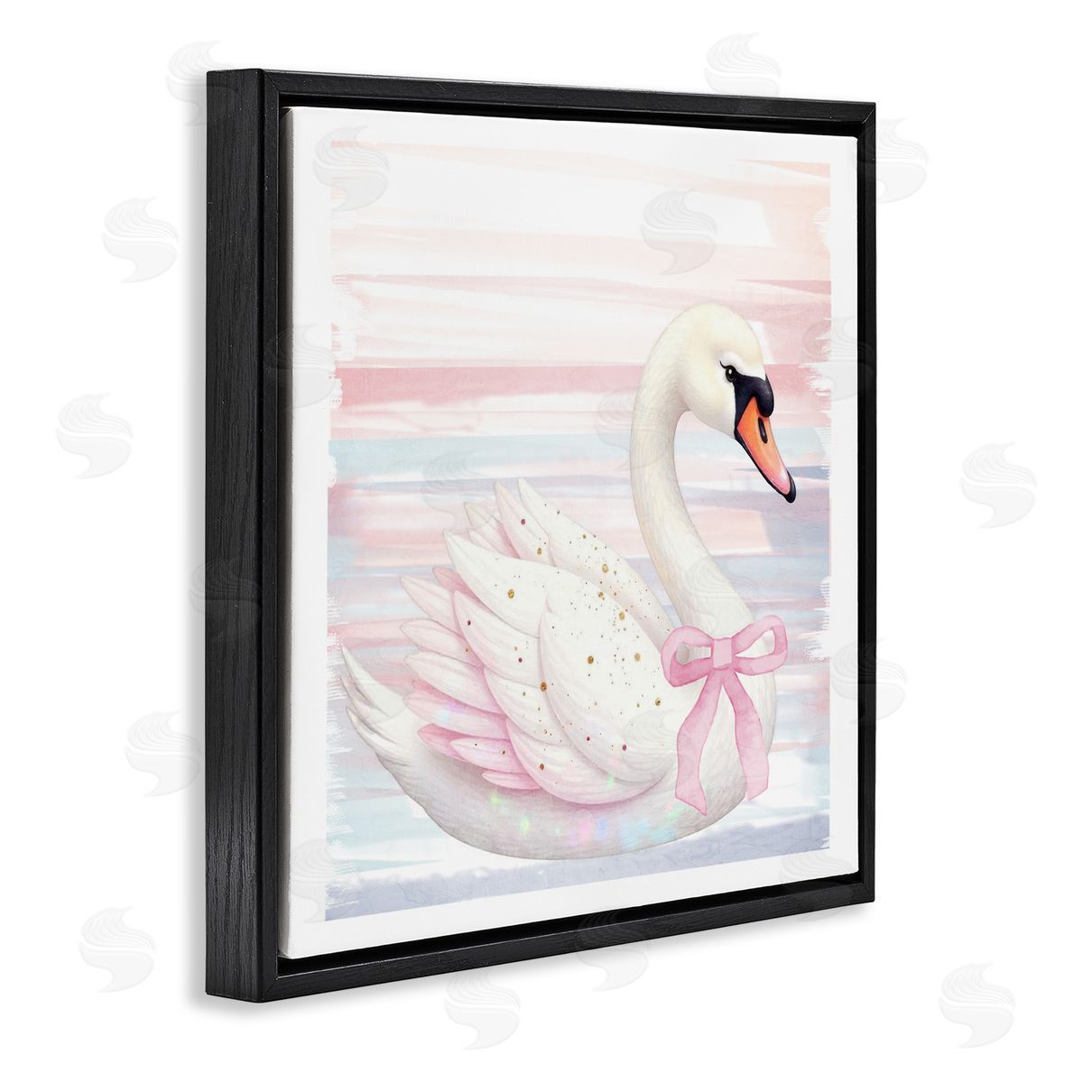Kim Allen Pink Swan with Ribbon Black Floating Frame Canvas Wall Art Print