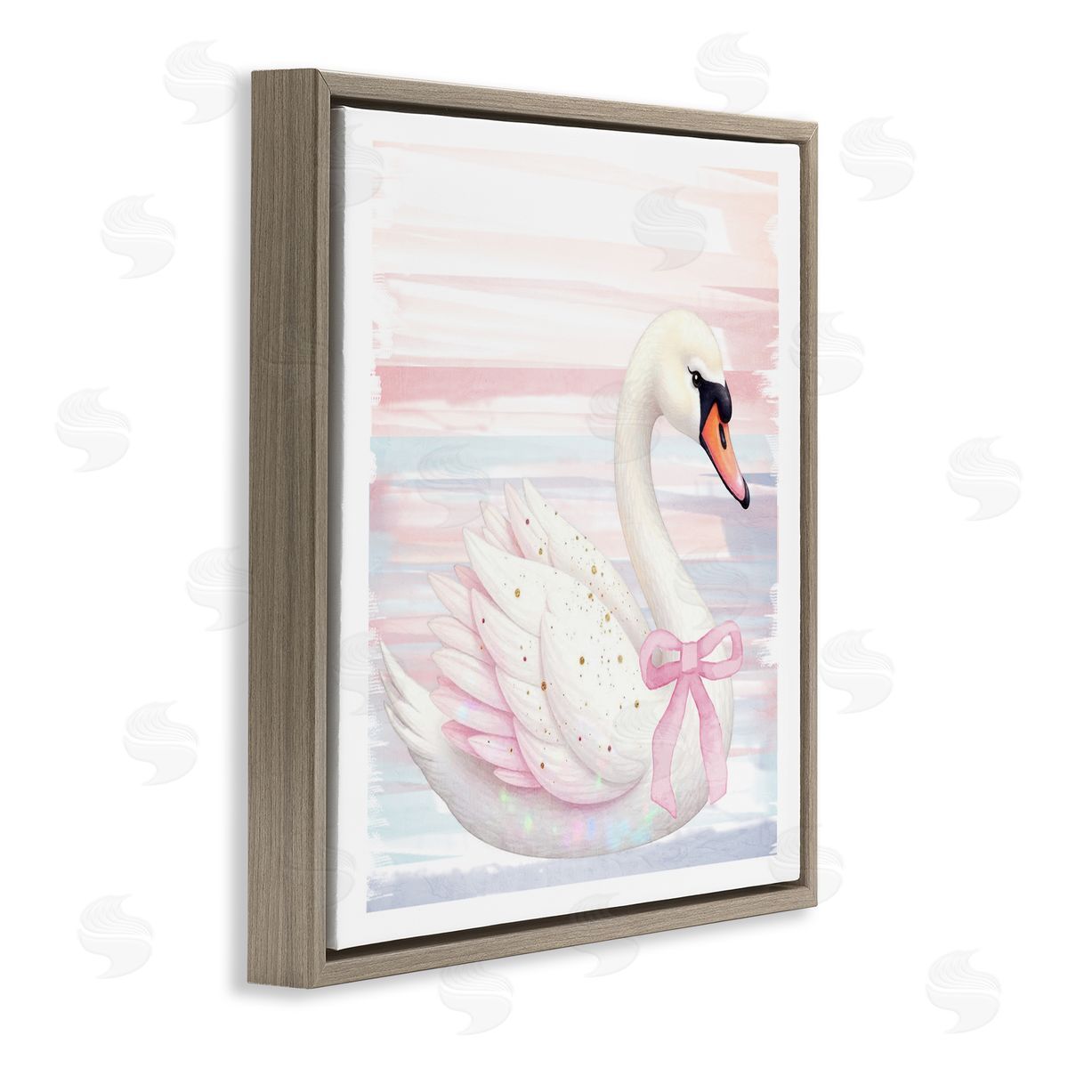 Kim Allen Pink Swan with Ribbon Brown Floating Frame Canvas Wall Art Print