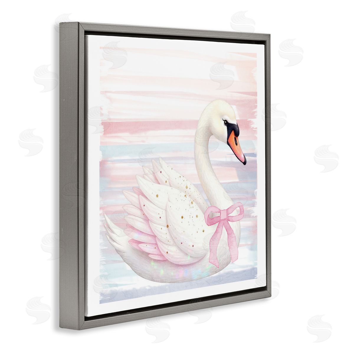 Kim Allen Pink Swan with Ribbon Gray Floating Frame Canvas Wall Art Print
