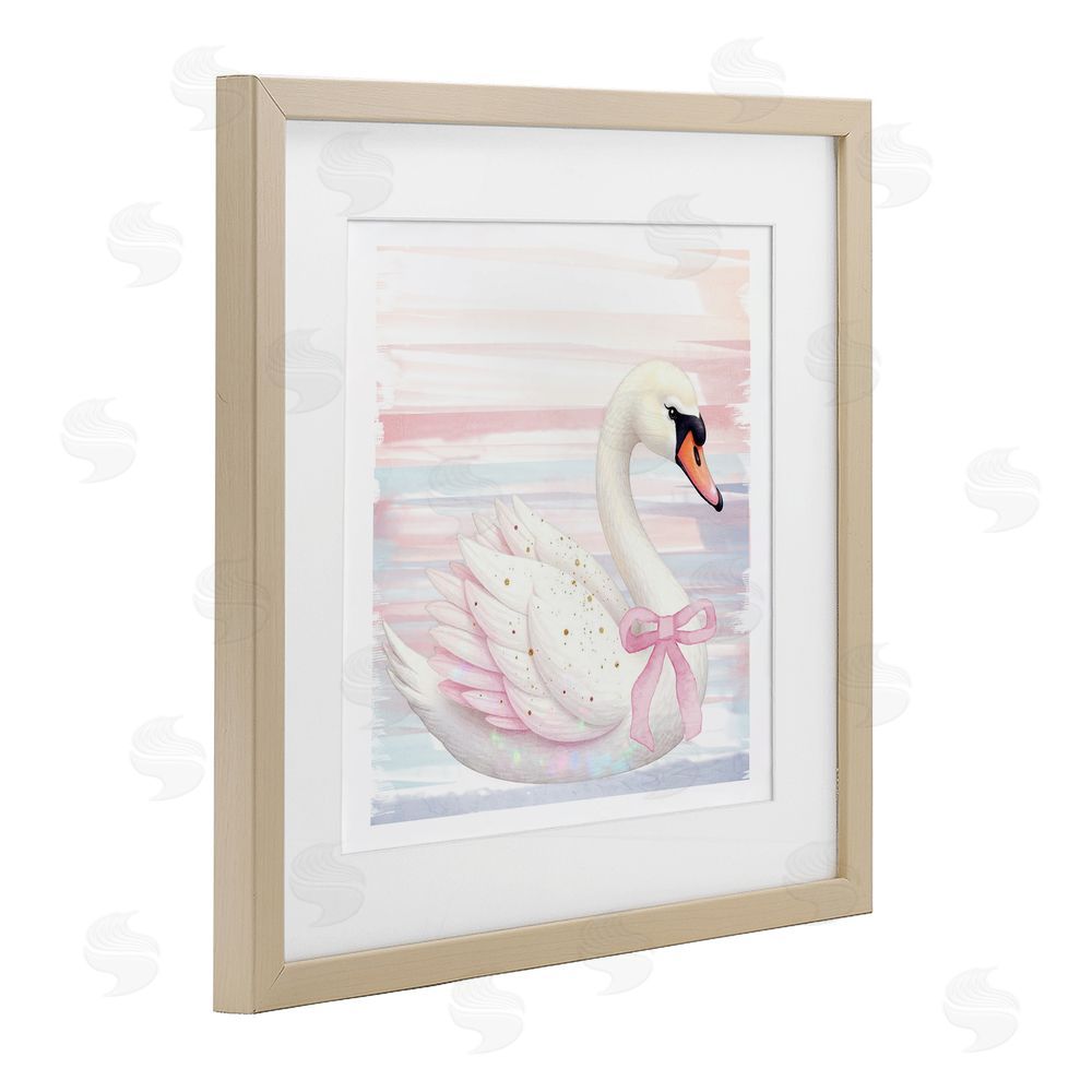 Kim Allen Pink Swan with Ribbon Brown Framed Print Under Glass Wall Art