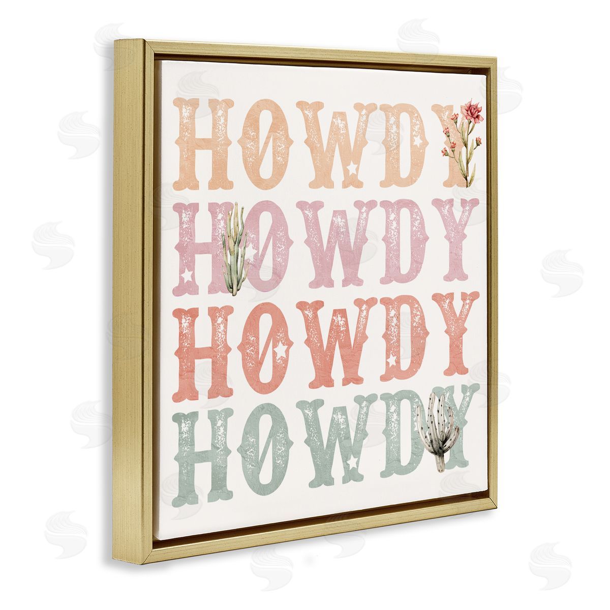 Kim Allen Vintage Howdy Rainbow Text Gold Floating Frame Canvas Wall Art Print