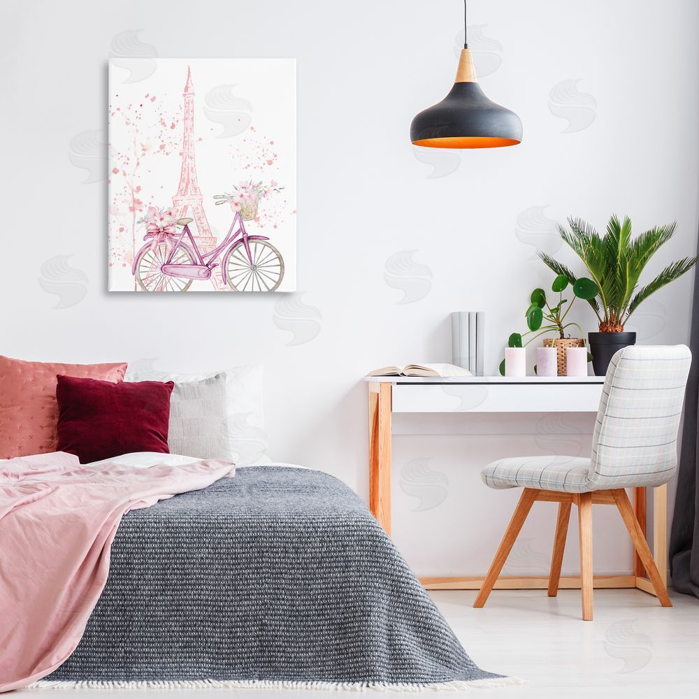 Kim Allen Parisian Bicycle & Modern Splatter Stretched Canvas Wall Art Print in Room