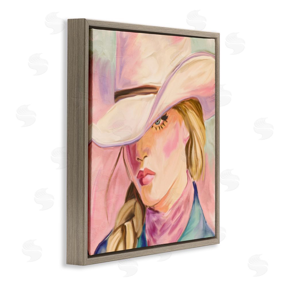 Kim Allen Pastel Cowgirl Gaze Beneath Hat Brown Floating Frame Canvas Wall Art Print