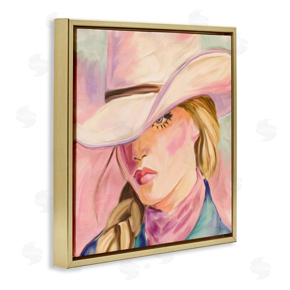 Kim Allen Pastel Cowgirl Gaze Beneath Hat Gold Floating Frame Canvas Wall Art Print