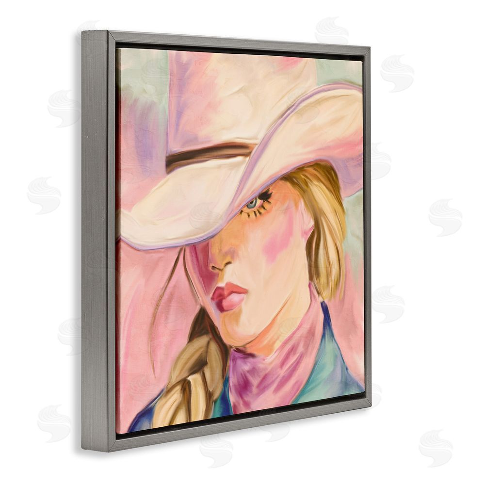 Kim Allen Pastel Cowgirl Gaze Beneath Hat Gray Floating Frame Canvas Wall Art Print